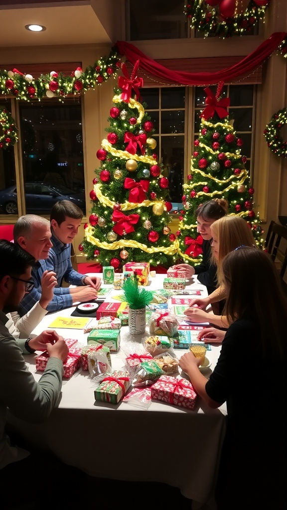 Guests enjoying Christmas games at a festive party with decorations and prizes.